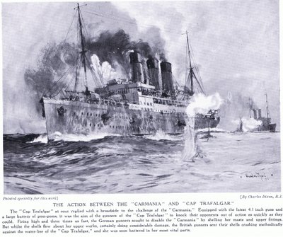 The Action Between the Carmania and the Cap Trafalgar September 1914 by Charles Edward Dixon